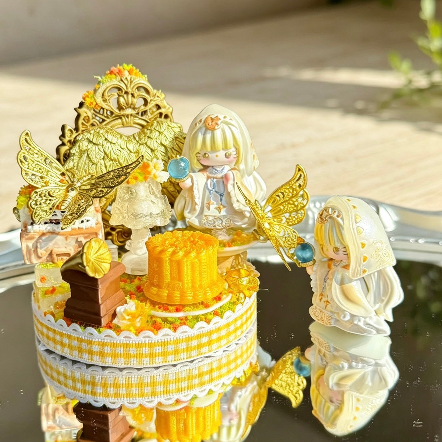 White fantasy master decorative dolls with gold butterfly details