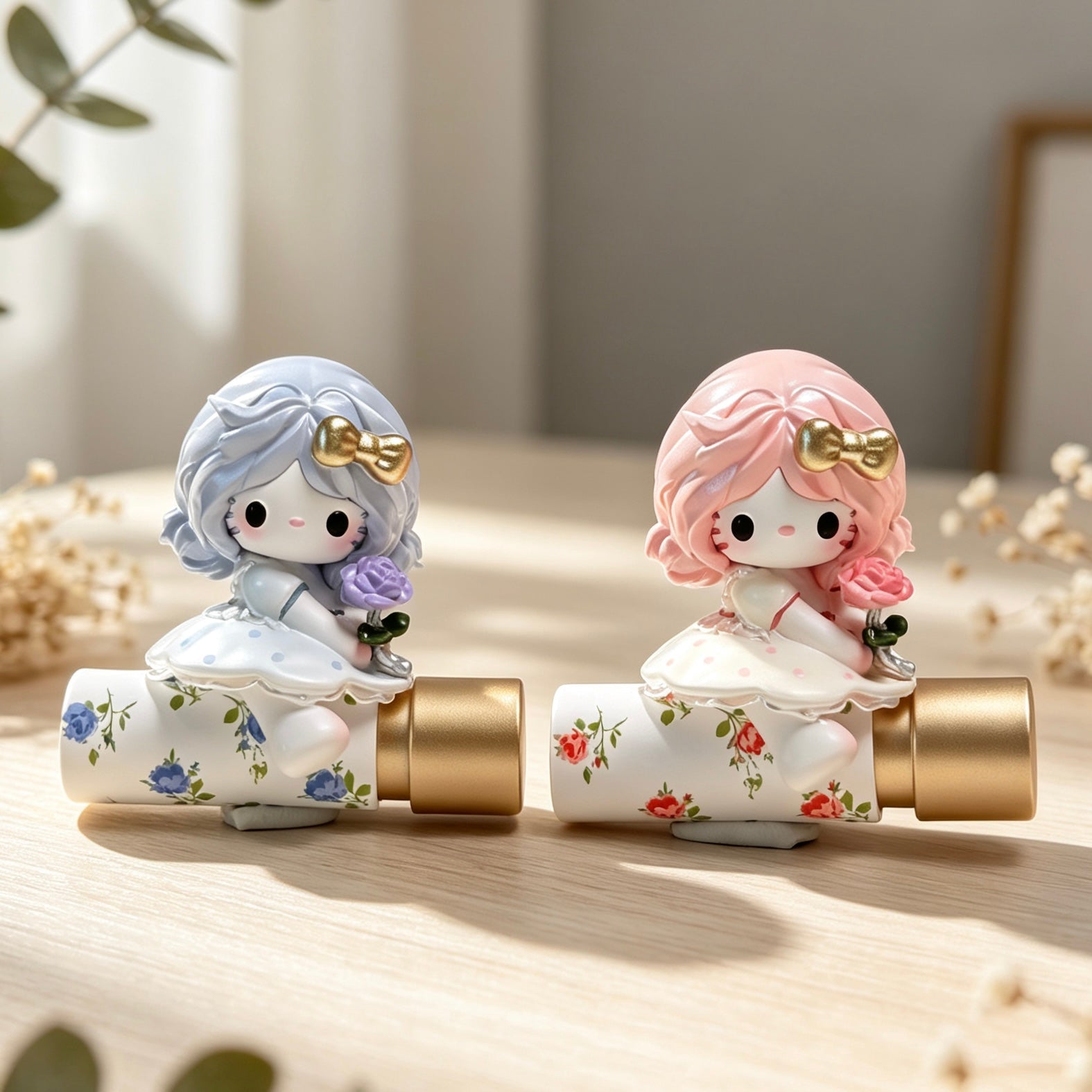 Decorative doll figures with bows and floral tubes