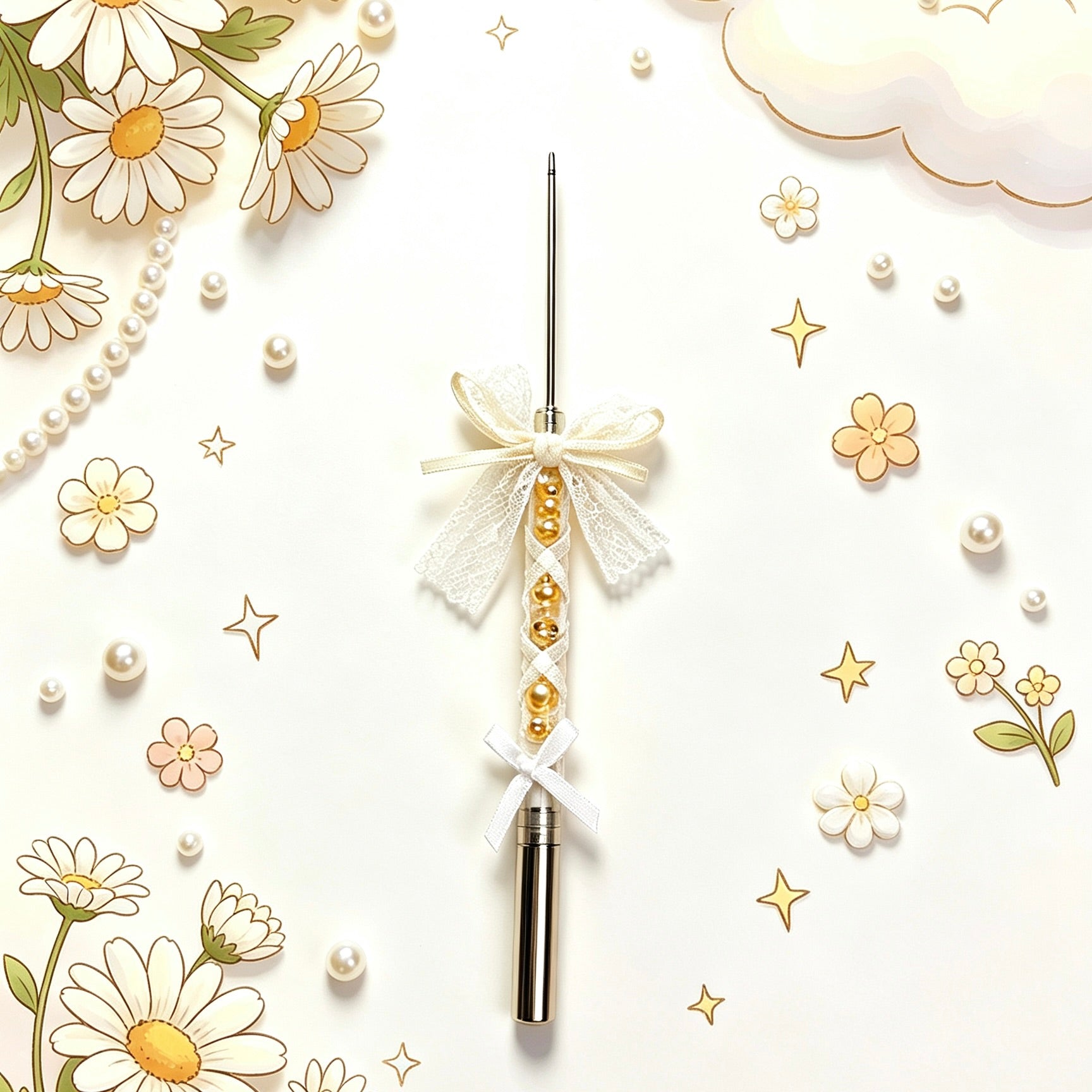 Ivory Bow Gold Accent Ballerina Pen with coordinated bow details