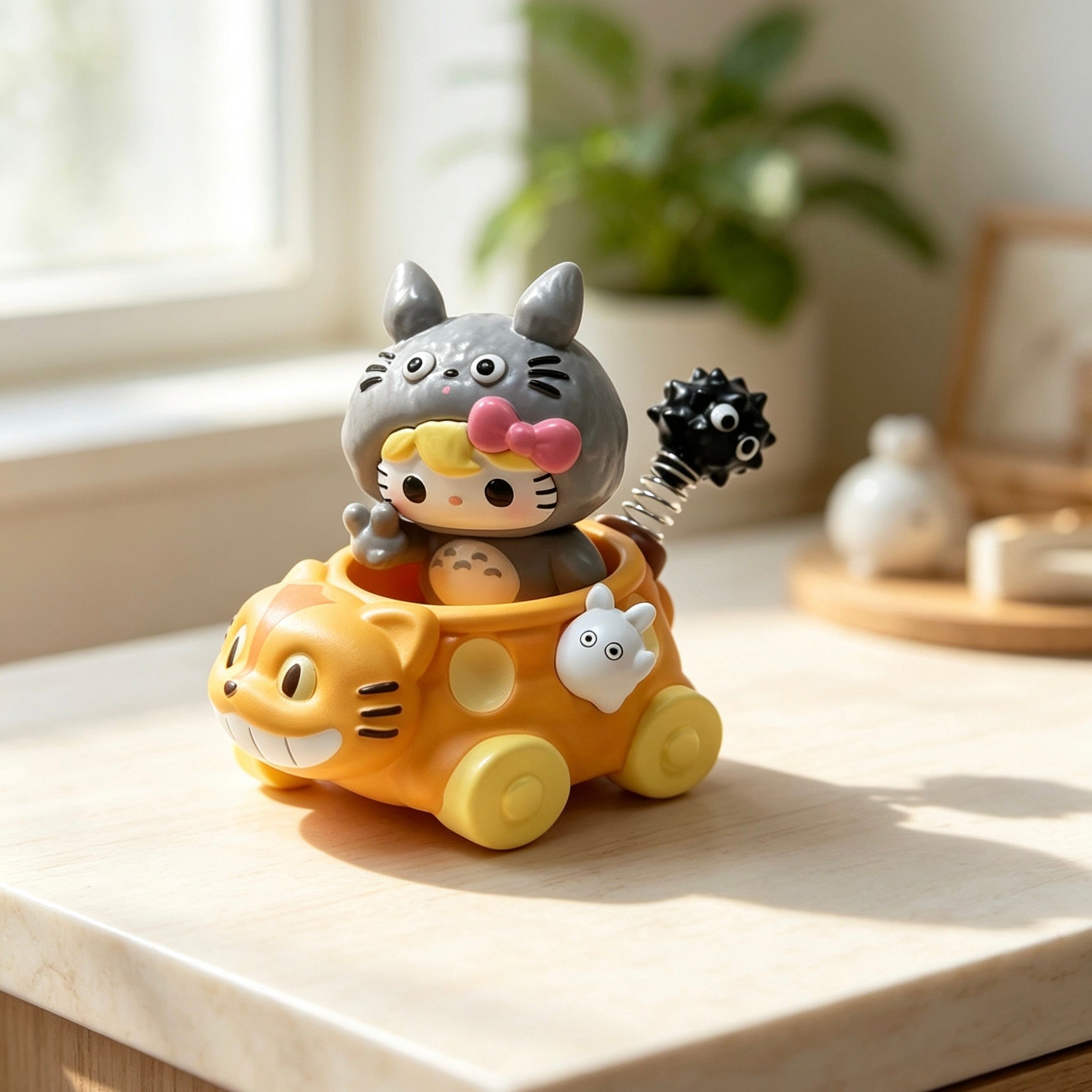 Gray cat character riding in an orange decorative car
