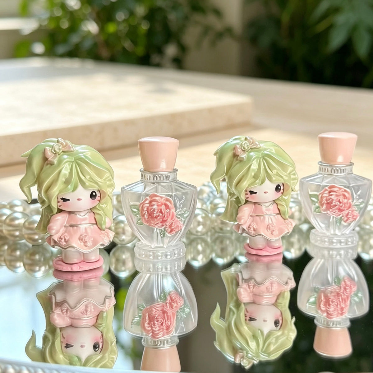 Green-haired perfume theme dolls with pink rose details