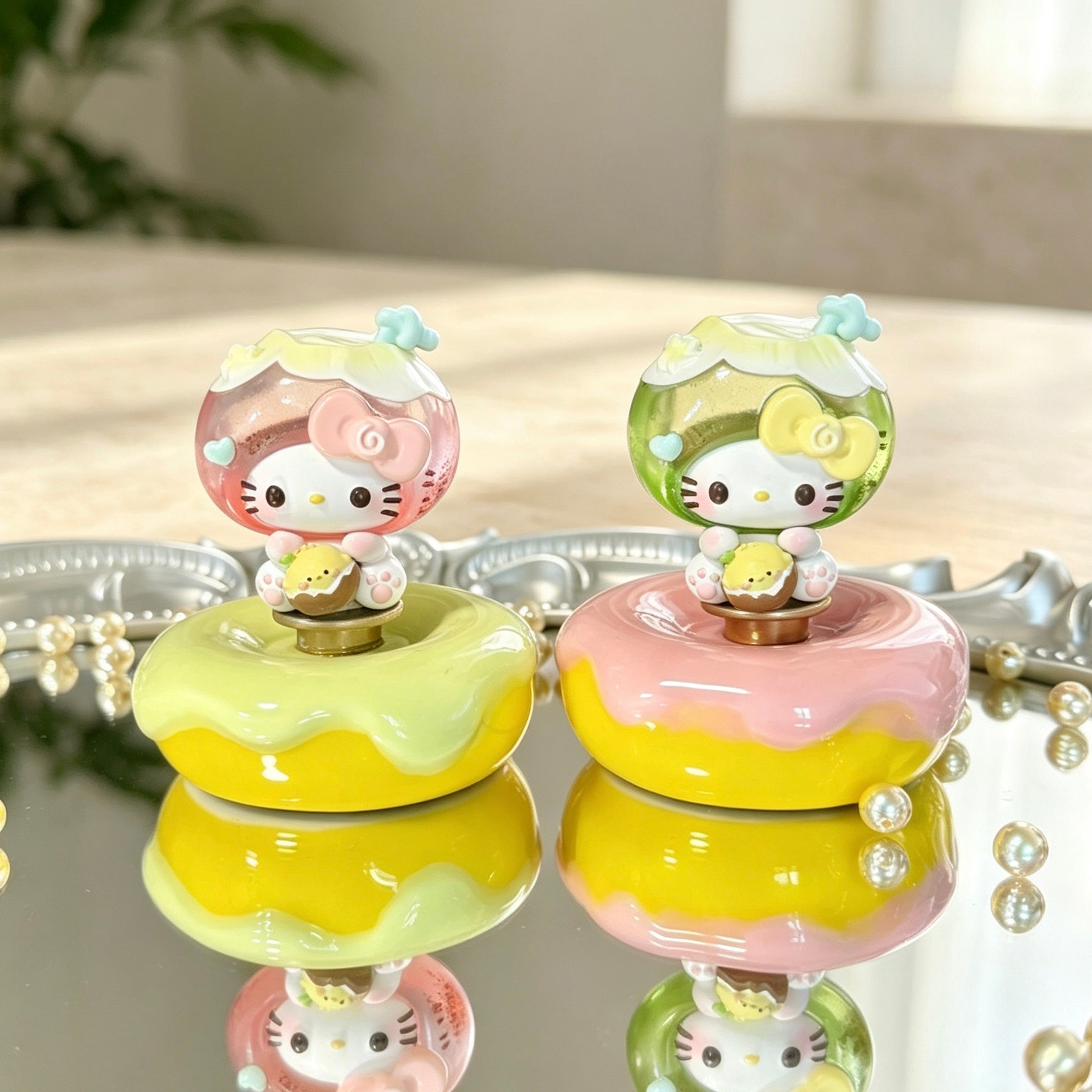 Pink and green coconut theme decorative dolls on colorful bases