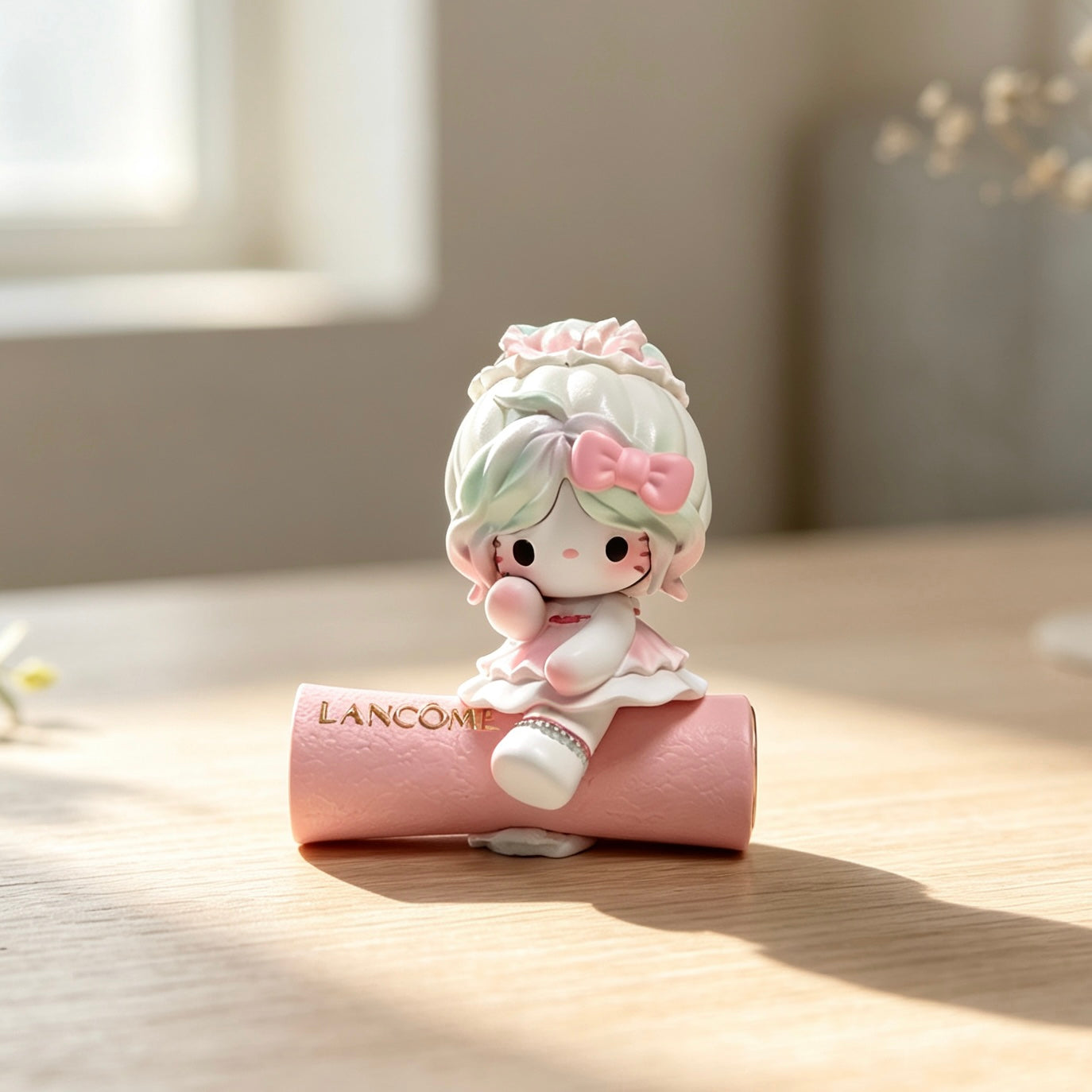 Pastel decorative doll figure on pink cosmetic-style base