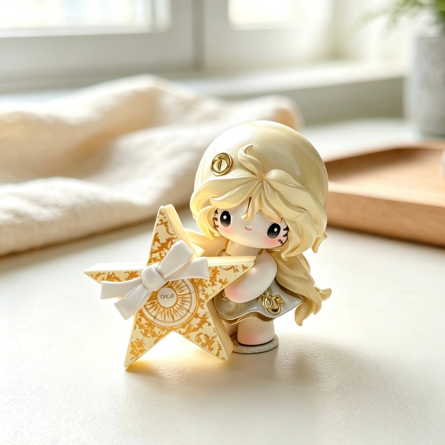 Gold-tone girl decorative doll holding a star-shaped bag with a white bow