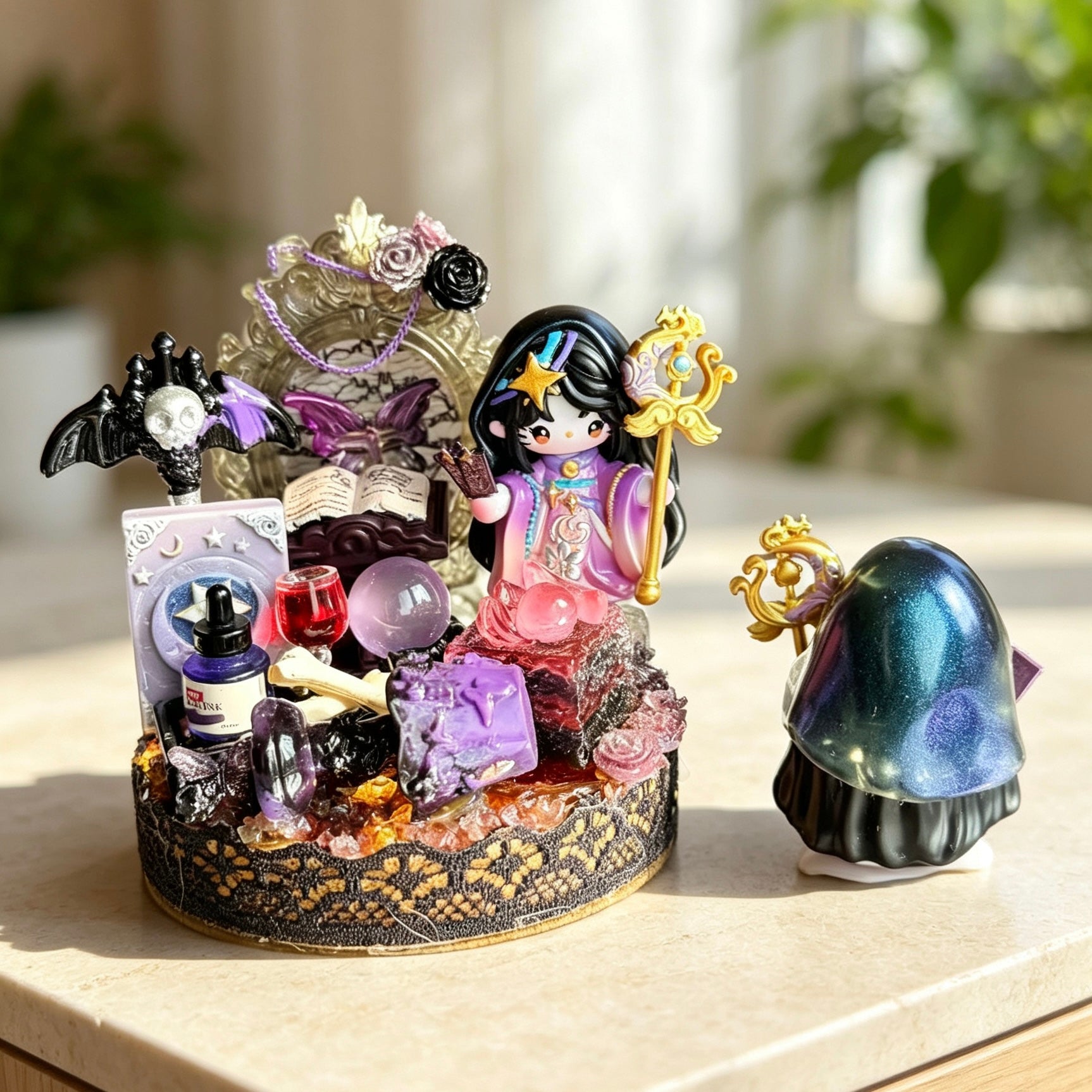 Purple magic master decorative doll with books potions and a crystal ball