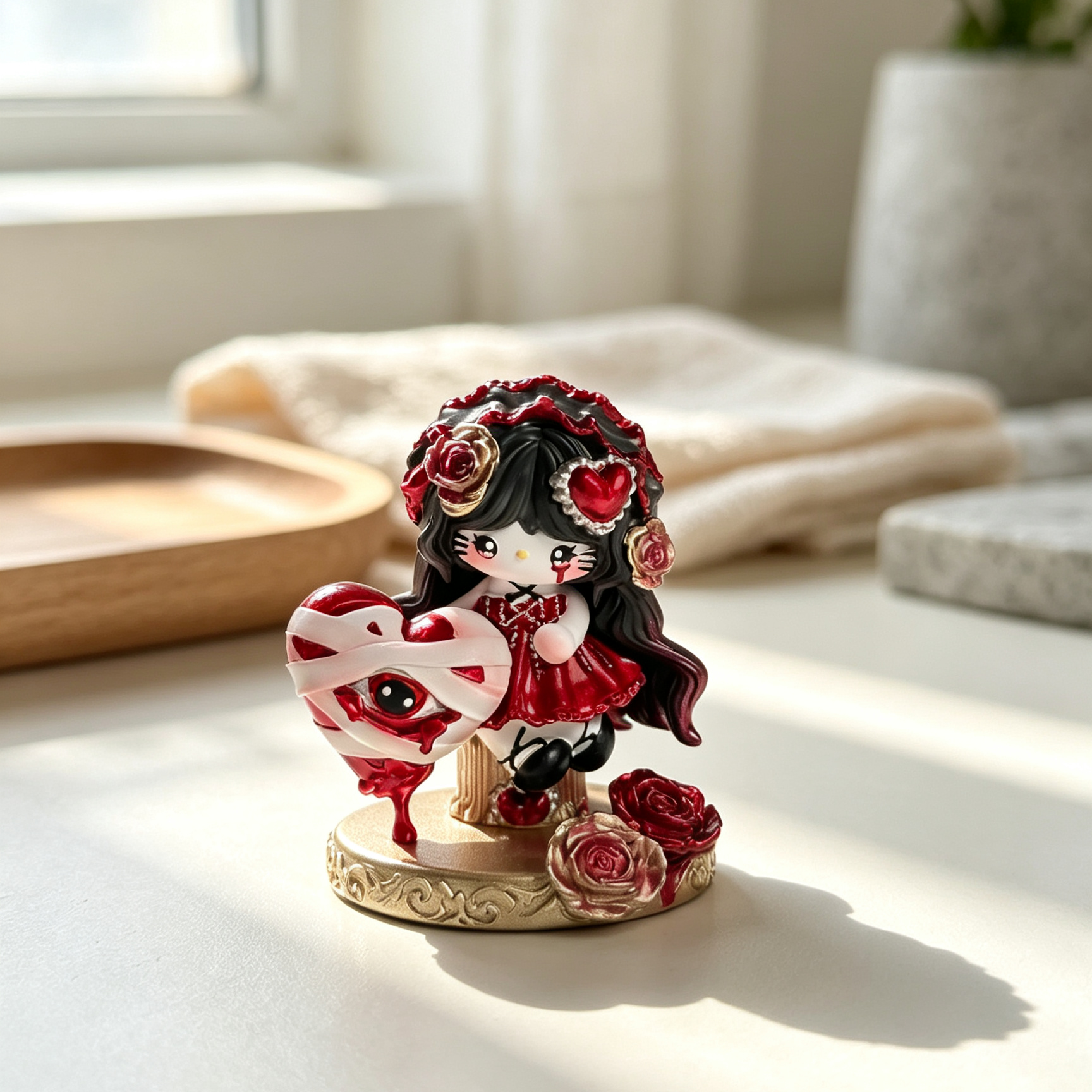 Red heart gothic decorative doll with roses