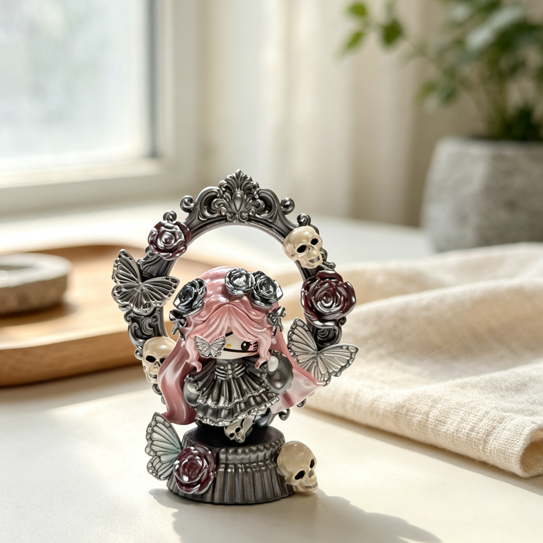 Silver gothic decorative doll with skull frame and butterflies